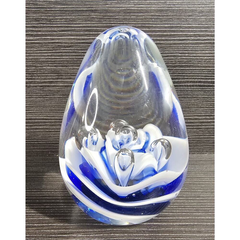 Blue Glass Art Paper Weight Bubble Floral Clear Desk Egg Shape